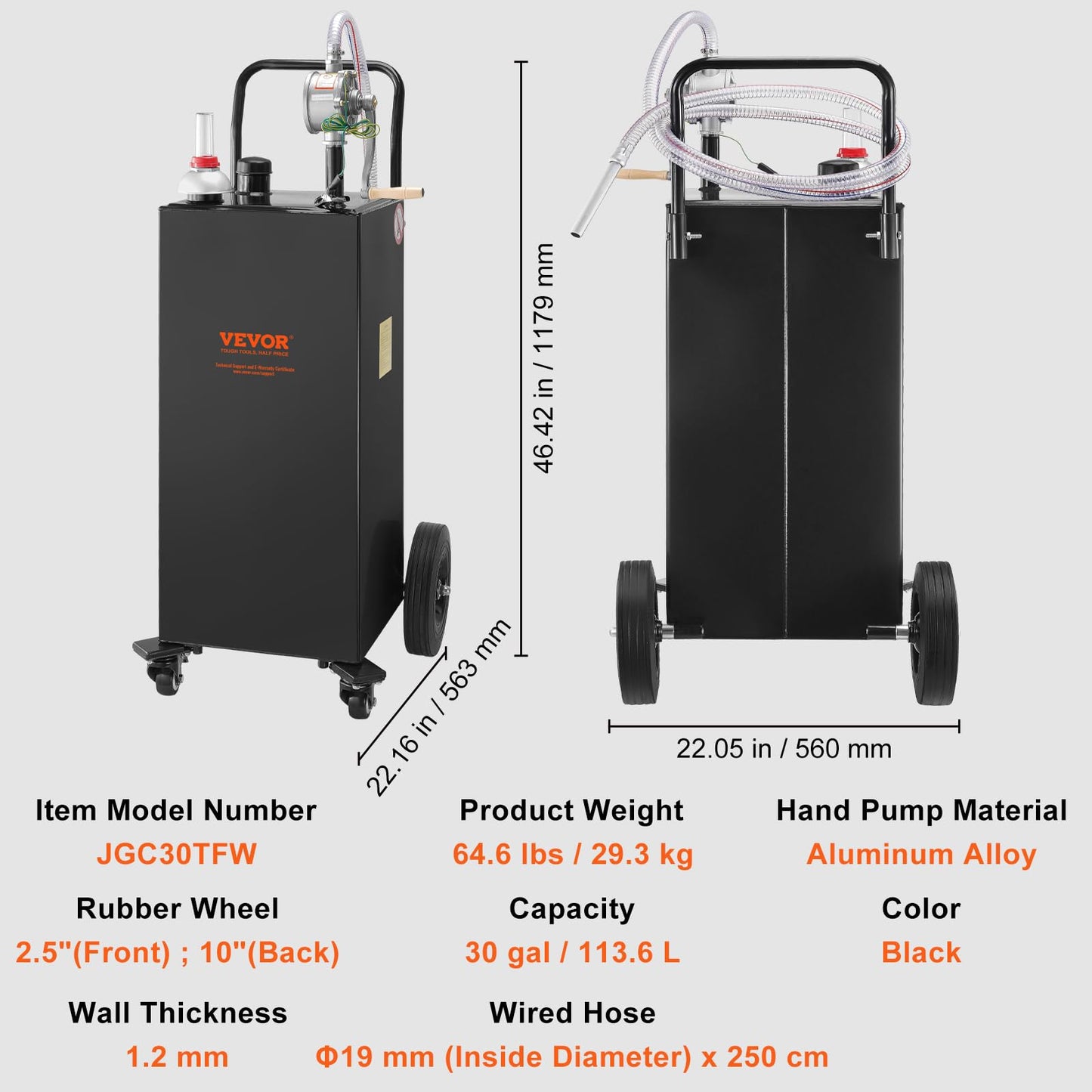 VEVOR Fuel Caddy 30 Gallon, Portable Gas Caddy Fuel Storage Tank with 4 Wheels & Manual Transfer Pump, Gasoline Diesel Fuel Container for Cars, Lawn Mowers, ATVs, Boats, Black