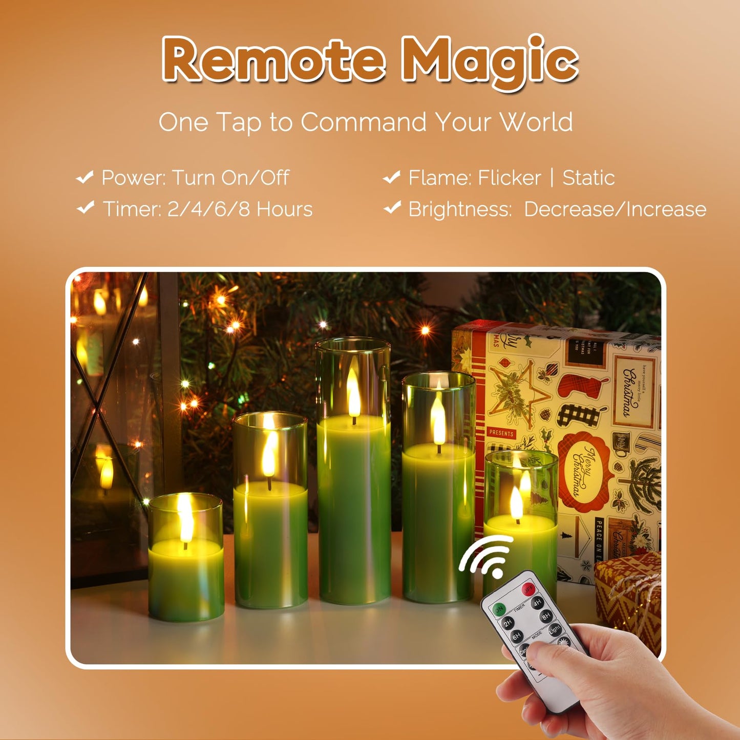 Girimax Green Glass Flameless Pillar Candles with Remote Batteries, Flickering Slim Tall LED Wax Candles Set of 5