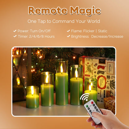 Girimax Green Glass Flameless Pillar Candles with Remote Batteries, Flickering Slim Tall LED Wax Candles Set of 5