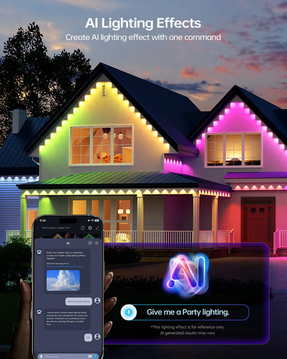 ASAHOM AI Permanent Outdoor Lights S107C, 150FT with 108 RGBCW LED Lights and Dual Output, 30,000 Lighting Effect Combination, IP67 Waterproof for House Halloween Christmas and Daily Decoration, Black