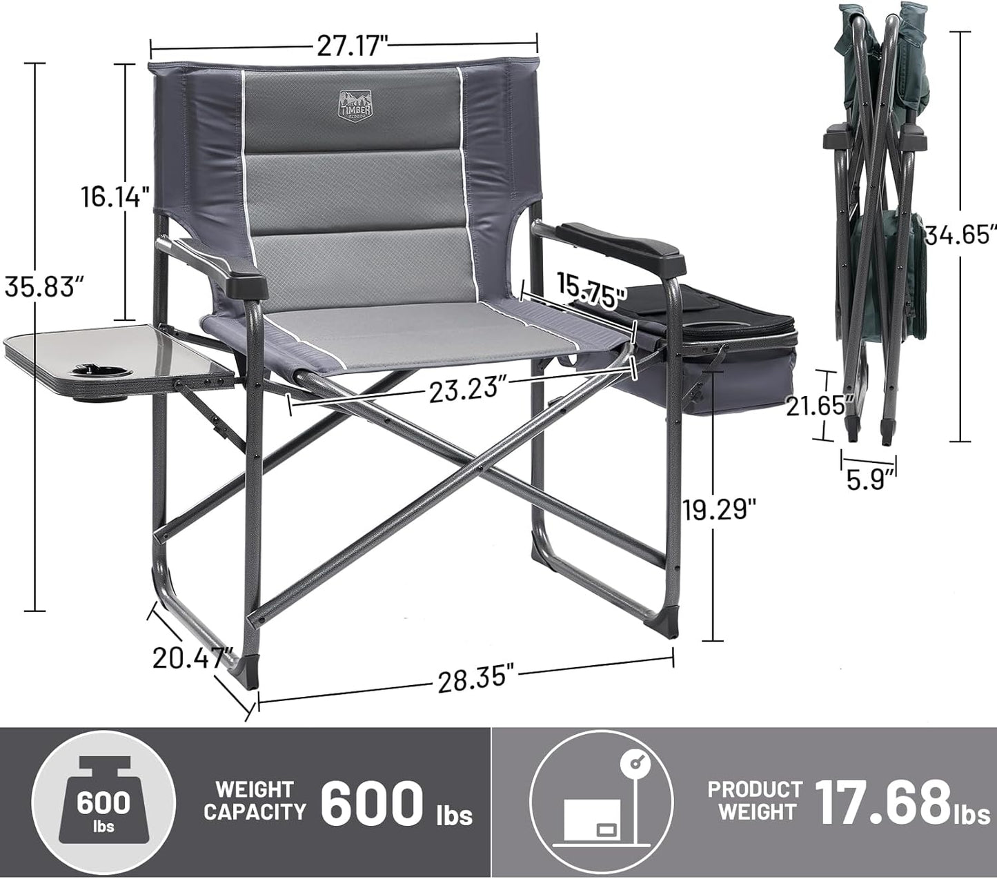 Timber Ridge XXL Oversized Directors Chair - Heavy Duty 600lbs Camping Chair with Cooler Bag & Table | Portable Grey Folding Chair for Tailgating & Outdoor Use