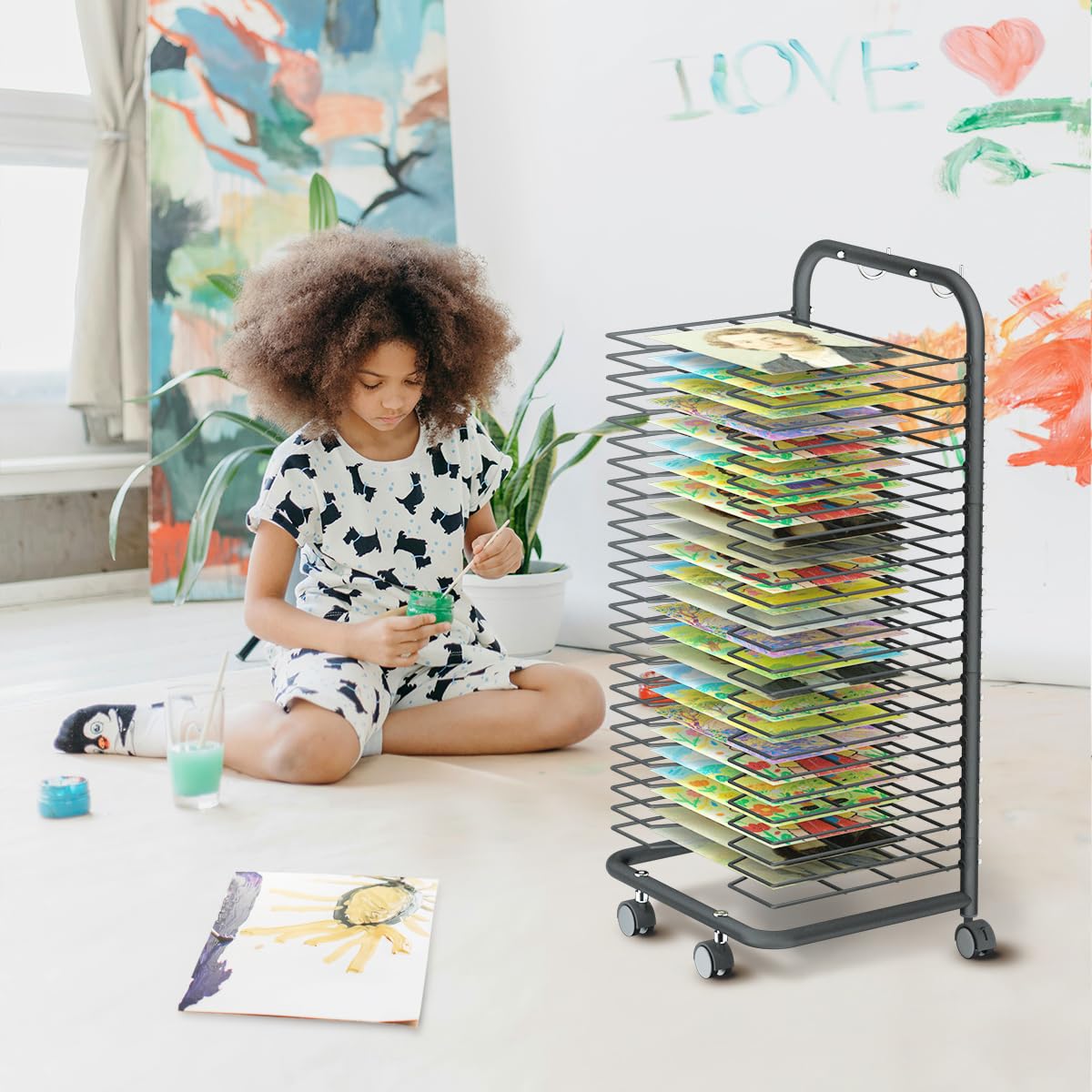 INNOVART 25 Shelves Mobile Art Drying Rack for Classroom & Art Studio, Portable Steel Painting Drying Rack with 4 Wheels, Functional Artwork Display Storage Racks for Classroom, Craft Room, Home