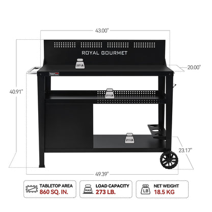 Royal Gourmet PC4401B 3-Tier Dining Cart with Wind Guard, Sturdy Structure and Ample Storage Shelves, for Indoor & Outdoor use，with Bottle Opener, Hooks, Wine Rack, Multifunctional Side Handle, Black