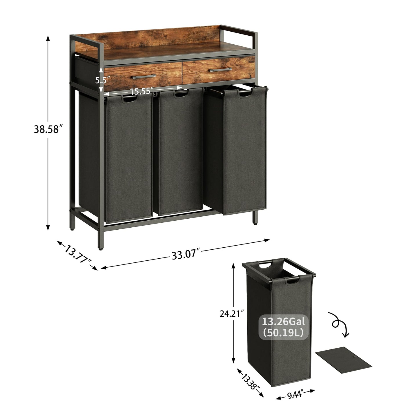 Herture Laundry Sorter 3 Section Laundry Hamper with Shelf, Durable 3 Section Laundry Basket with Rolling Wheels & Storage Drawers, 3 x 13.26 Gallons (50L), Rustic Brown PF09XLY