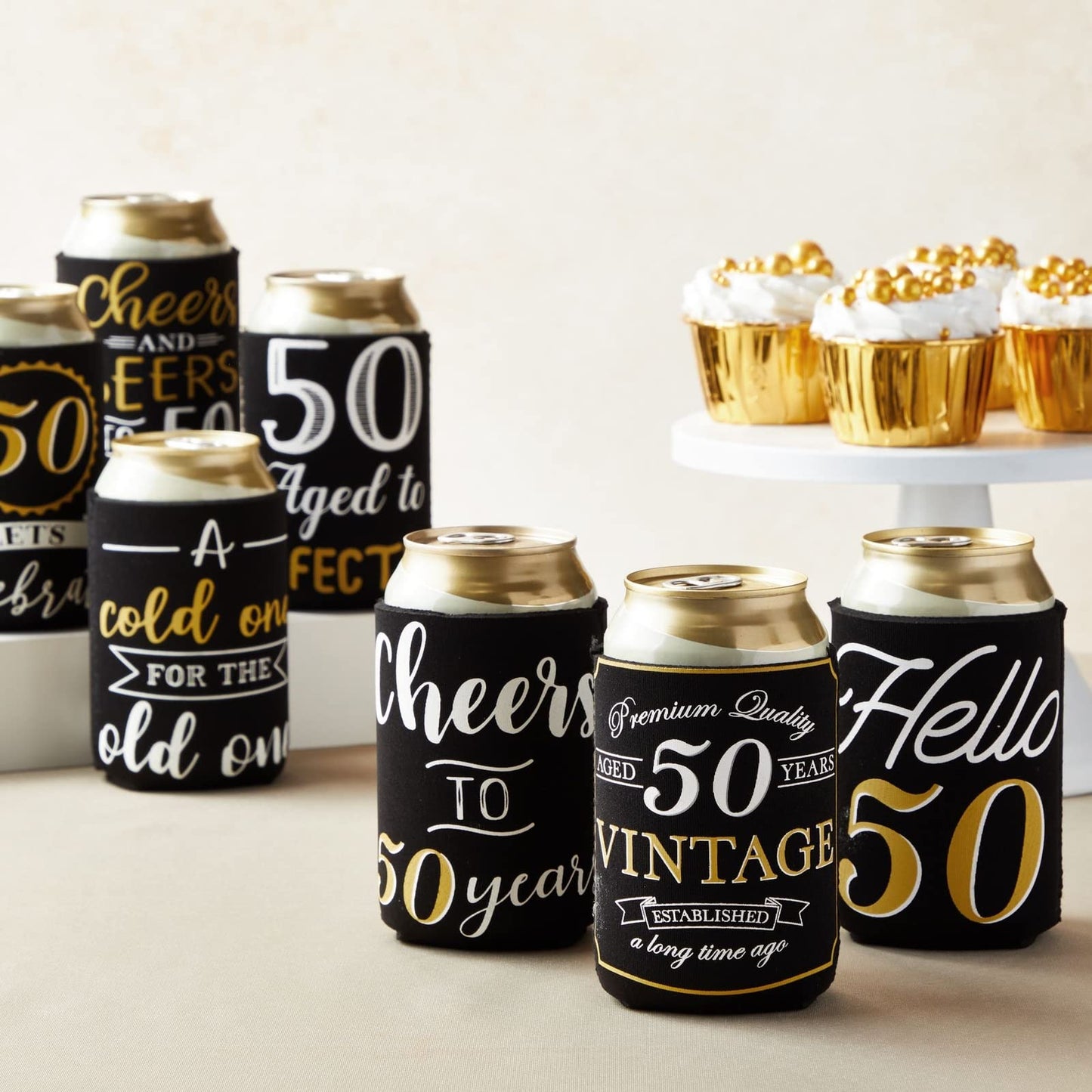 Sparkle and Bash 50th Birthday Can Cooler Sleeves - Medium, Black & Gold, 12-Pack - Insulated Neoprene Holder for 12 Oz Cans, 50th Birthday Party Favors & Decorations
