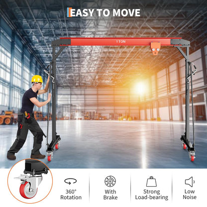 1 Ton Gantry Crane, 2200 LBS Adjustable Gantry Crane with 8-12 ft Height, Shop Lift Hoist with Manual Trolley, Hook & Shackles for Warehouse, Factory