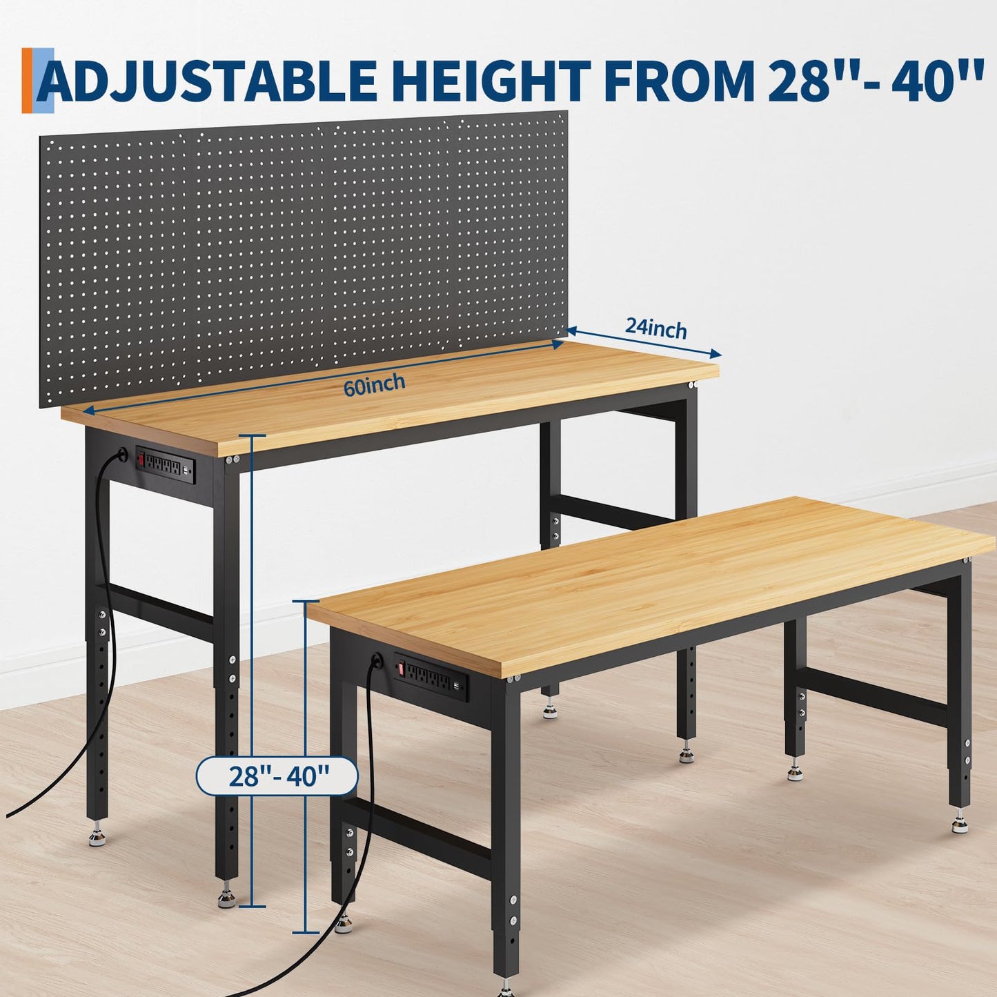 60" Adjustable Height Garage Workbench, 2200 LBS Capacity Solid Wood Work Bench Table, Heavy Duty Work Station for Garage, Shop, Home, Office
