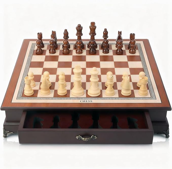 14.6-Inch Wooden Chess Set with Drawer Storage – Handmade Chess Board with 2 Extra Queens Elegant Home Decor and Strategy Game for Adults &amp Beginners