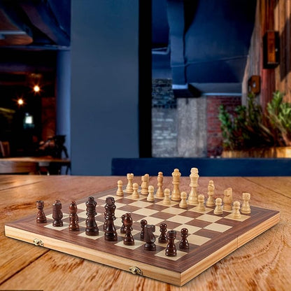 AMEROUS 15'' Wooden Chess &amp Checkers Set 2 in 1 Board Games -2 Extra Queens -24 Cherkers Pieces - Gift Box Packed - Chessmen Storage Slots Beginner Chess Set for Kids and Adults