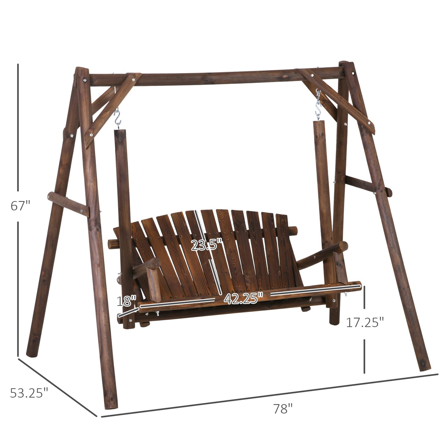 Outsunny 2-Seat Porch Swing with Stand, Wooden Patio Swing Chair Bench, for Garden, Poolside, Backyard, Brown