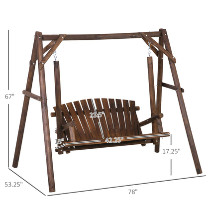 Outsunny 2-Seat Porch Swing with Stand, Wooden Patio Swing Chair Bench, for Garden, Poolside, Backyard, Brown