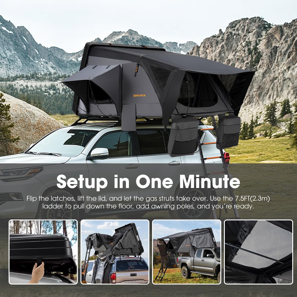 Sanhima Rooftop Tent Hard Shell - Jervis Overland Aluminium ABS Roof Top Tent w/Stargaze Window & LED Strip Light for Car SUV Truck Camping, 2-3 People (Gray)