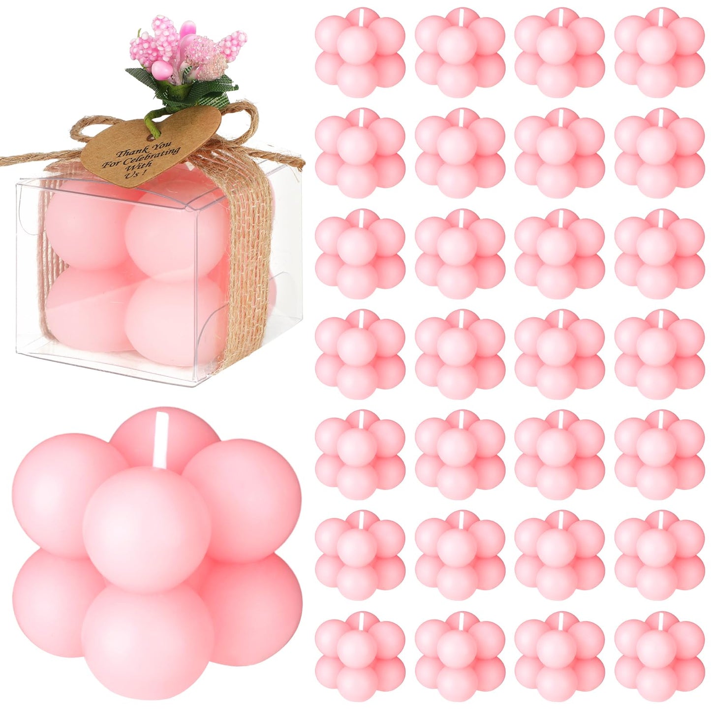 MTLEE Mini Bubble Candles Wedding Favors Gifts for Guests 1.57" x 1.38" Bubble Candles with Cards Dried Flowers DIY Gift Set for Baptism Party Bridal Shower Thank You Gifts(Pink,30 Sets)