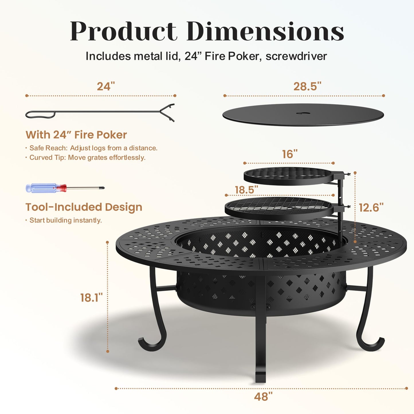 Outdoor Fire Pit, 48" Fire Pit for Outside Wood Burning with Adjustable 2 Grills, Firepit with Lid and Fire Poker, BBQ, Bonfire, Round Outdoor Fireplace 3 in 1 for Patio, Backyard, Garden, Camping