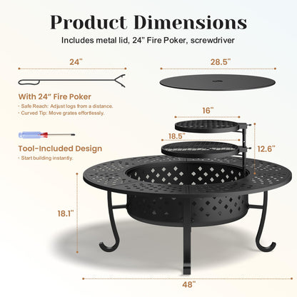Outdoor Fire Pit, 48" Fire Pit for Outside Wood Burning with Adjustable 2 Grills, Firepit with Lid and Fire Poker, BBQ, Bonfire, Round Outdoor Fireplace 3 in 1 for Patio, Backyard, Garden, Camping