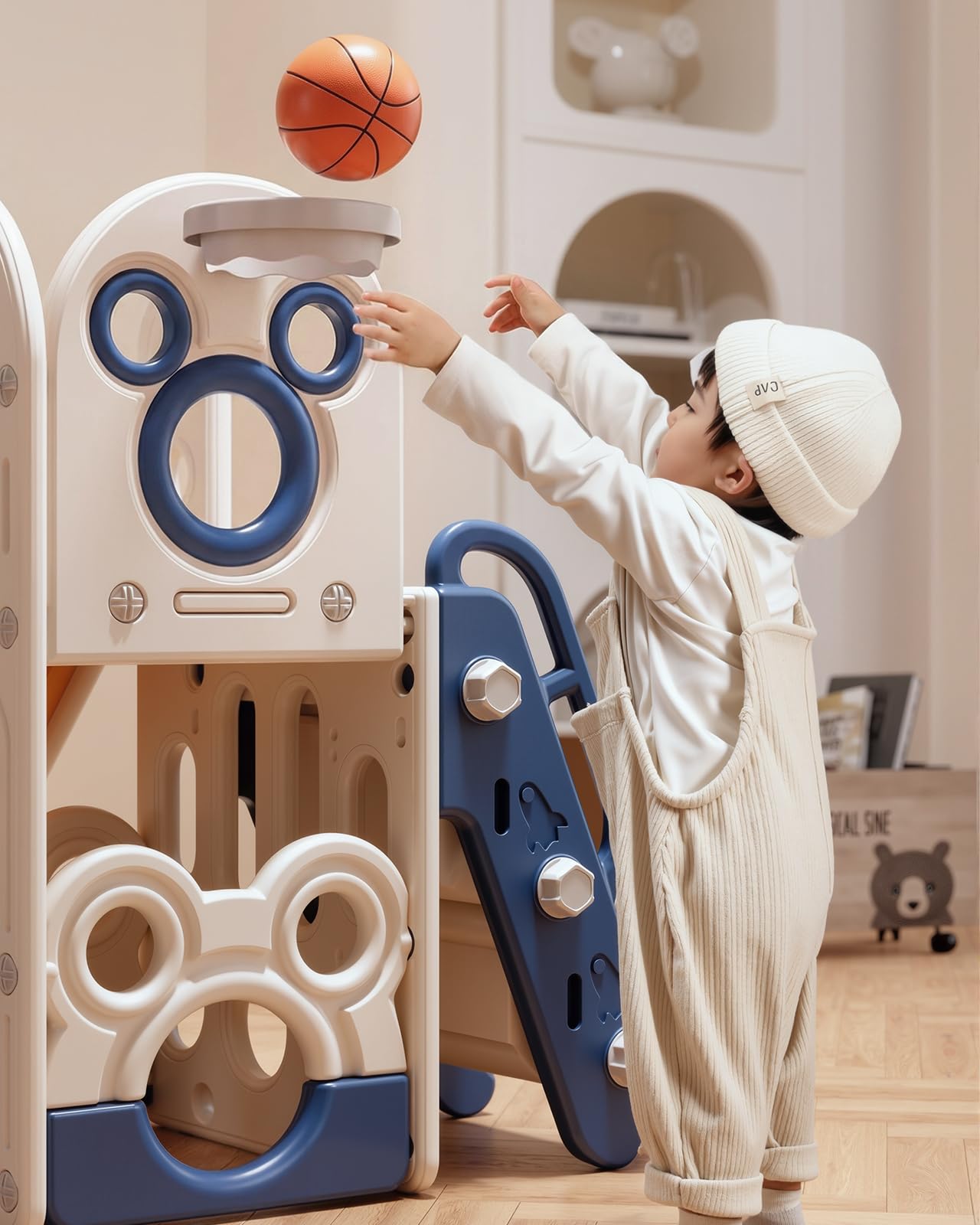 CHIIRAKU Toddler Slide L-Shaped, 5 in 1 Kids Slide Climber for Toddler, with Ball & Hoop, Indoor Outdoor Baby Playset, Anti-Slip, 65IN/165CM,Toy Storage, Ideal for Boys Girls Birthday