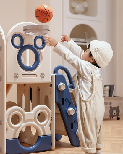 CHIIRAKU Toddler Slide L-Shaped, 5 in 1 Kids Slide Climber for Toddler, with Ball & Hoop, Indoor Outdoor Baby Playset, Anti-Slip, 65IN/165CM,Toy Storage, Ideal for Boys Girls Birthday