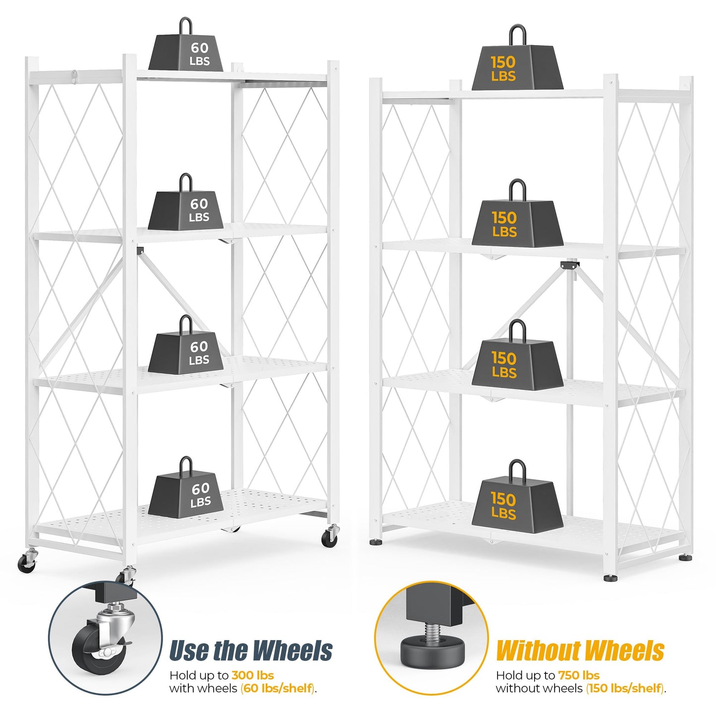 4 Tier Shelf Foldable Storage Shelf w/360° Movement Wheels, No Assemble Shelving Storage, Heavy Duty Folding Shelves, Garage Shelf Storage Organizer for Laundry, Kitchen, Utility Room(White, 4Tier)