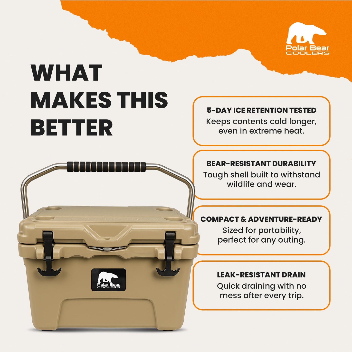 Polar Bear Coolers - 20 Can Hard-Sided Cooler - Ice Chest for Camping, Travel, Sports Events, or Fishing - Insulated Hard Shell Cooler - Heavy-Duty & Portable - Keeps Ice up to 5 days - 20 qt, Desert