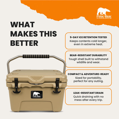 Polar Bear Coolers - 20 Can Hard-Sided Cooler - Ice Chest for Camping, Travel, Sports Events, or Fishing - Insulated Hard Shell Cooler - Heavy-Duty & Portable - Keeps Ice up to 5 days - 20 qt, Desert