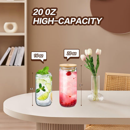 DAMCONME 20 Oz Glass Cups with Lids and Straws 1Pcs,Glass Cup with Bamboo Lid for Iced Coffee,Smoothie,Beer,Cocktail,Whiskey,Soda - 20 Oz Glass Tumbler with 2 Straws,1 Brush,Grey
