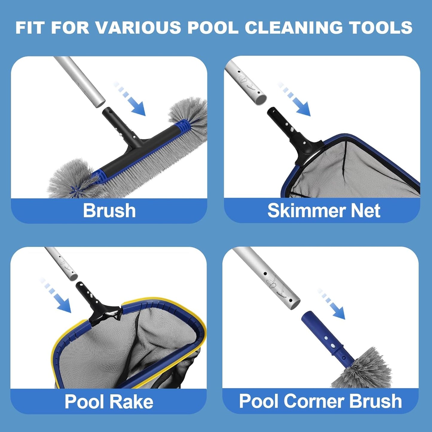 Poolvio 5-in-1 Pool Cleaning Kit - Semi-Deep Skimmer Net, Aluminum Leaf Rake & 20' Brush with 13ft Pole