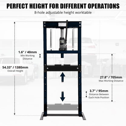 12T Hydraulic Press, Heavy Duty H-Frame Garage Floor Hydraulic Shop Press with Press Plates, Adjustable Working Table Height, for Auto Repair, Black