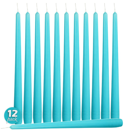12 Pack Tall Taper Candles - 12 Inch Light Blue - Turquoise Dripless, Unscented Dinner Candle - Paraffin Wax with Cotton Wicks - 10 Hour Burn Time