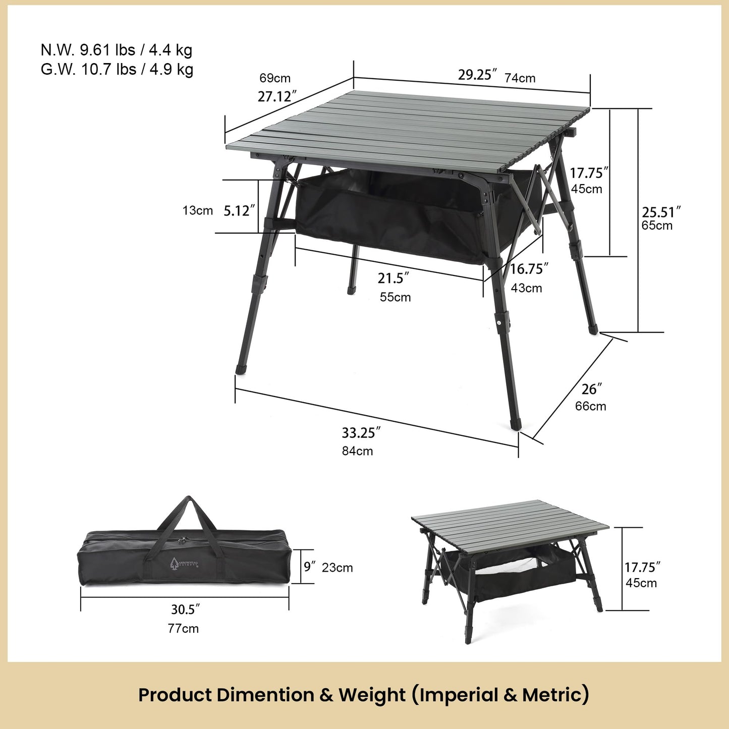 ARROWHEAD OUTDOOR 39" Aluminum Folding Camp Roll Up Table w/Adjustable Height, Undertable Mesh Storage, Carry Bag