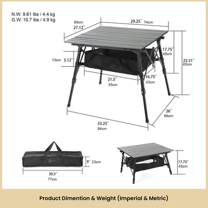 ARROWHEAD OUTDOOR 39" Aluminum Folding Camp Roll Up Table w/Adjustable Height, Undertable Mesh Storage, Carry Bag