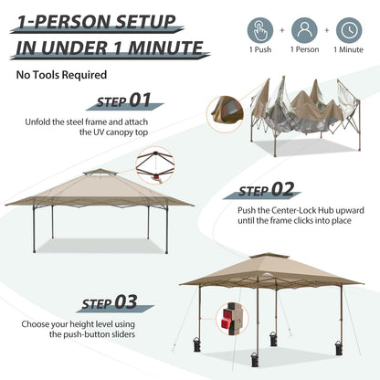EAGLE PEAK 13x13 Straight Leg Pop Up Canopy Tent Instant Outdoor Canopy Easy Single Person Set up Folding Shelter w/Auto Extending Eaves 169 Square Feet of Shade (Beige)
