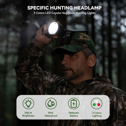 GearOZ 10W LED Coyote Hog Coon Hunting Lights, Rechargeable Hunter Headlamp, Waterproof 60000LUX Super Bright LED Predator Hunter Head Light & 3 Colors (White Red Green), 7 Position Switch