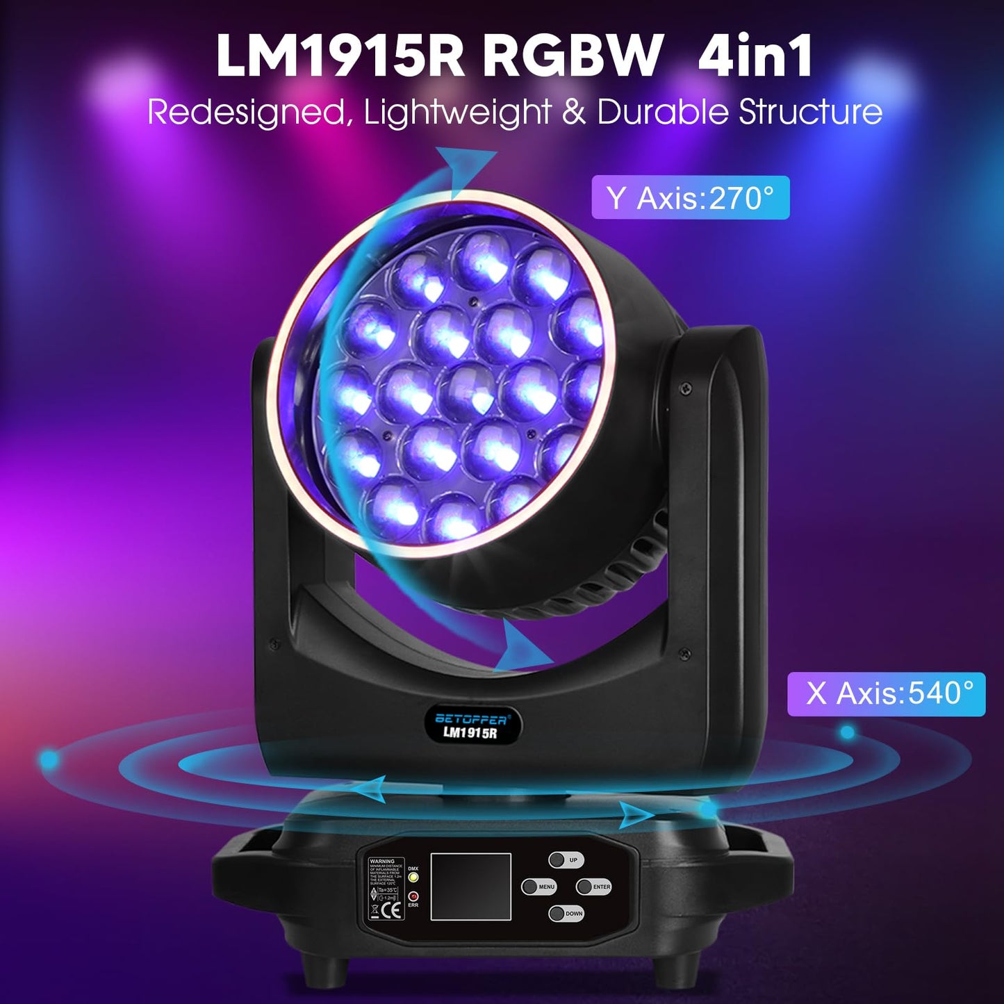 BETOPPER Moving Head Light,19x15W RGBW with Light Strip Effect Moving Head Stage Spotlight,Lightweight Disco DJLight for Party Wedding Club Bars Show（1）