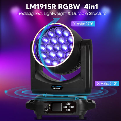 BETOPPER Moving Head Light,19x15W RGBW with Light Strip Effect Moving Head Stage Spotlight,Lightweight Disco DJLight for Party Wedding Club Bars Show（1）