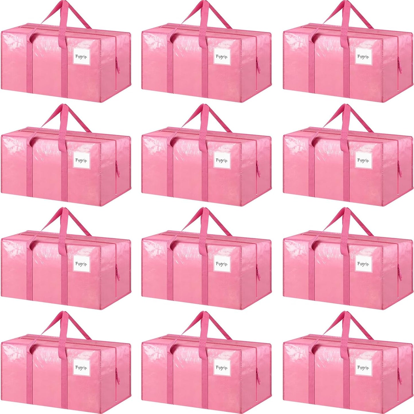Skiennix Extra Heavy Duty Moving Bags - 12 Pack with Strong Zipper & Comfortable Handles | Durable Pink Storage Totes
