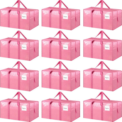 Skiennix Extra Heavy Duty Moving Bags - 12 Pack with Strong Zipper & Comfortable Handles | Durable Pink Storage Totes