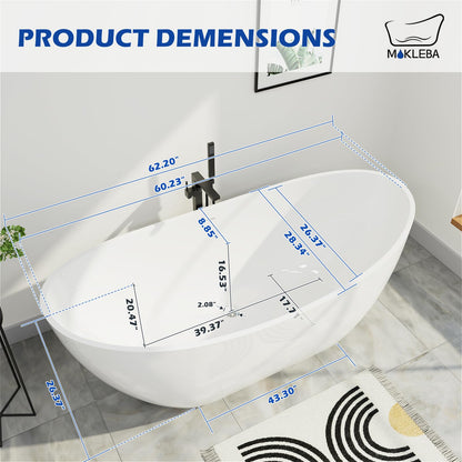 Mokleba 62" Lucite Acrylic Freestanding Bathtub, Double Slipper Shape Contemporary Soaking Tub with Toe-tap Chrome Drain, Slotted Overflow, cUPC Certified, Glossy White