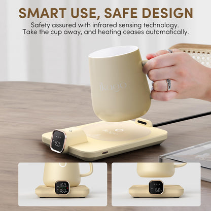 Coffee Mug Warmer Set, Temperature Control Smart Heated Mug for Desk, Electric Coffee Warmer with Auto Shut Off & Real-Time Temp Display, Gifts for Men Women, 15oz, Beige