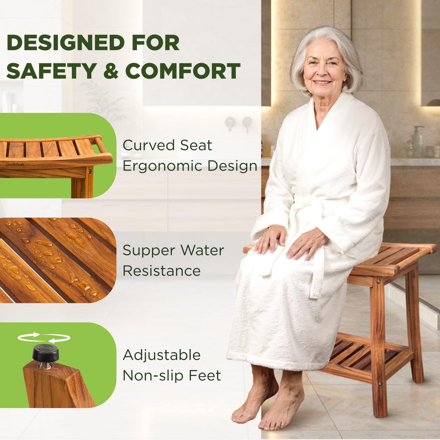 GREENTEAK Combo 22" Teak Shower Bench & Large Bath Mat 32", Teak Shower Stool with Shelf and Foldable Teak Bath Mat, Non-Slip Waterproof Spa Bathroom Seat, Indoor Outdoor