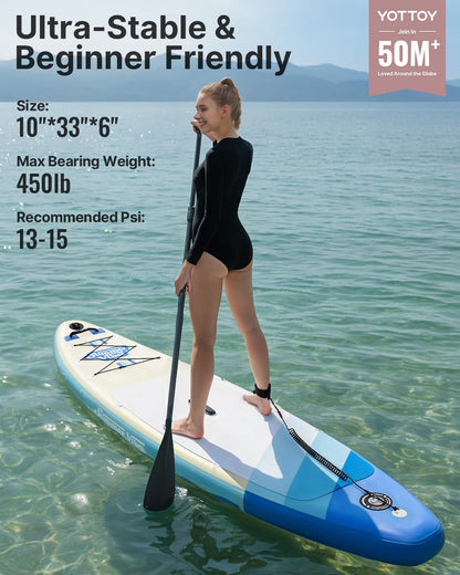 YOTTOY Inflatable Stand Up Paddle Board,Stable Lightweight 10' SUP with Non-Slip EVA Deck, Premium Paddleboard Accessories, Three-Fin System & Carry Bag,All-Around Inflatable SUP (Sky Blue)