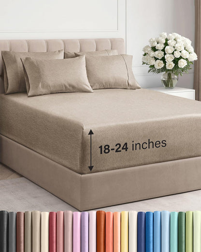 Skiennix Extra Deep Queen Sheet Set | 6-Piece Breathable Cooling Bedding - Soft, Wrinkle-Free Heathered Beige