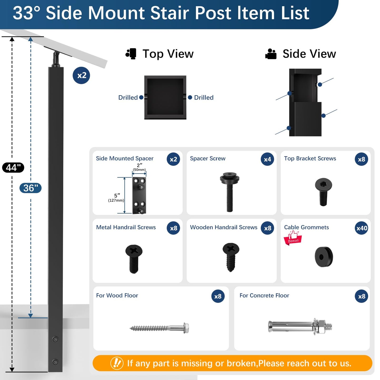 Gyykzz 2 Pack 36" Side Mount Stair Cable Railing Post for 28-38 Degrees Stair, Space-Saving Fascia Mount Stair Deck Handrail Post for Both Left & Right Side Cable Railing System Kit Indoor Outdoor