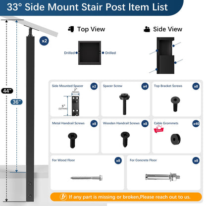 Gyykzz 2 Pack 36" Side Mount Stair Cable Railing Post for 28-38 Degrees Stair, Space-Saving Fascia Mount Stair Deck Handrail Post for Both Left & Right Side Cable Railing System Kit Indoor Outdoor