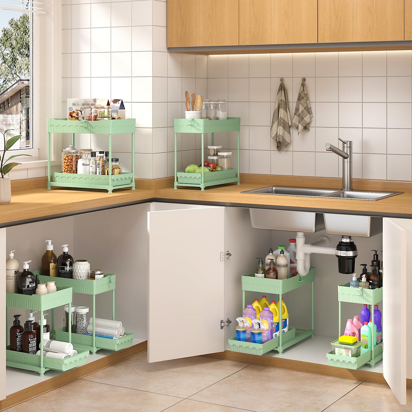 3 Pack Under Sink Organizers, 2-Tier Multi-Use Kitchen and Bathroom Organizers and Storage with Sliding Drawers，Bathroom Cabinet Organizer (Black, 12.8 Inch)