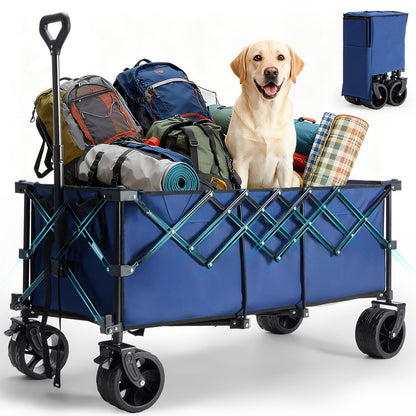 DUMOS 49''L Collapsible Extended Wagon with 440LBS Capacity, Heavy Duty Wagons Garden Cart with All-Terrain Big Wheels & Drink Holders, 250L Foldable Carts for Sports, Shopping, Camping, Blue