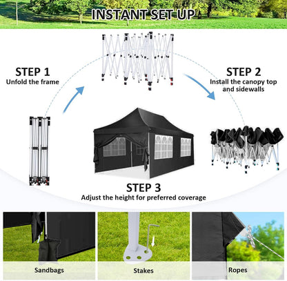 COBIZI Canopy 10x20 Pop Up Canopy Tent with 6 Sidewalls, Waterproof Commercial Canopy Ez Outdoor Instant Gazebo UV Protection 50+ Event Shelter, Garden Tents for Parties with Sandbags, Black