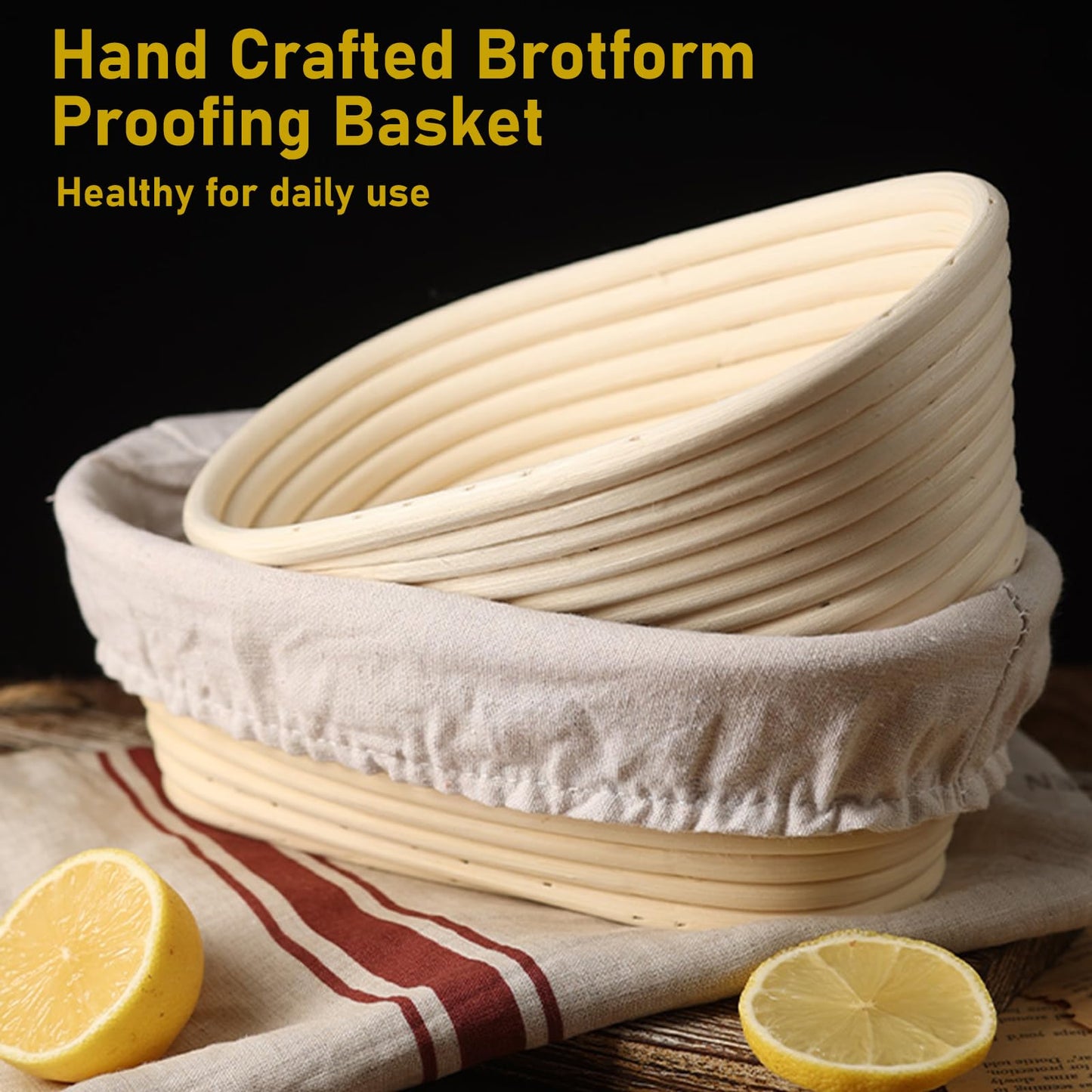 Panumly Bread Proofing Basket Set of 2, 10 inch Oval Sourdough Proofing Bowls with Liners, Handmade Rattan Baskets for Bread Making Baking Fermentation
