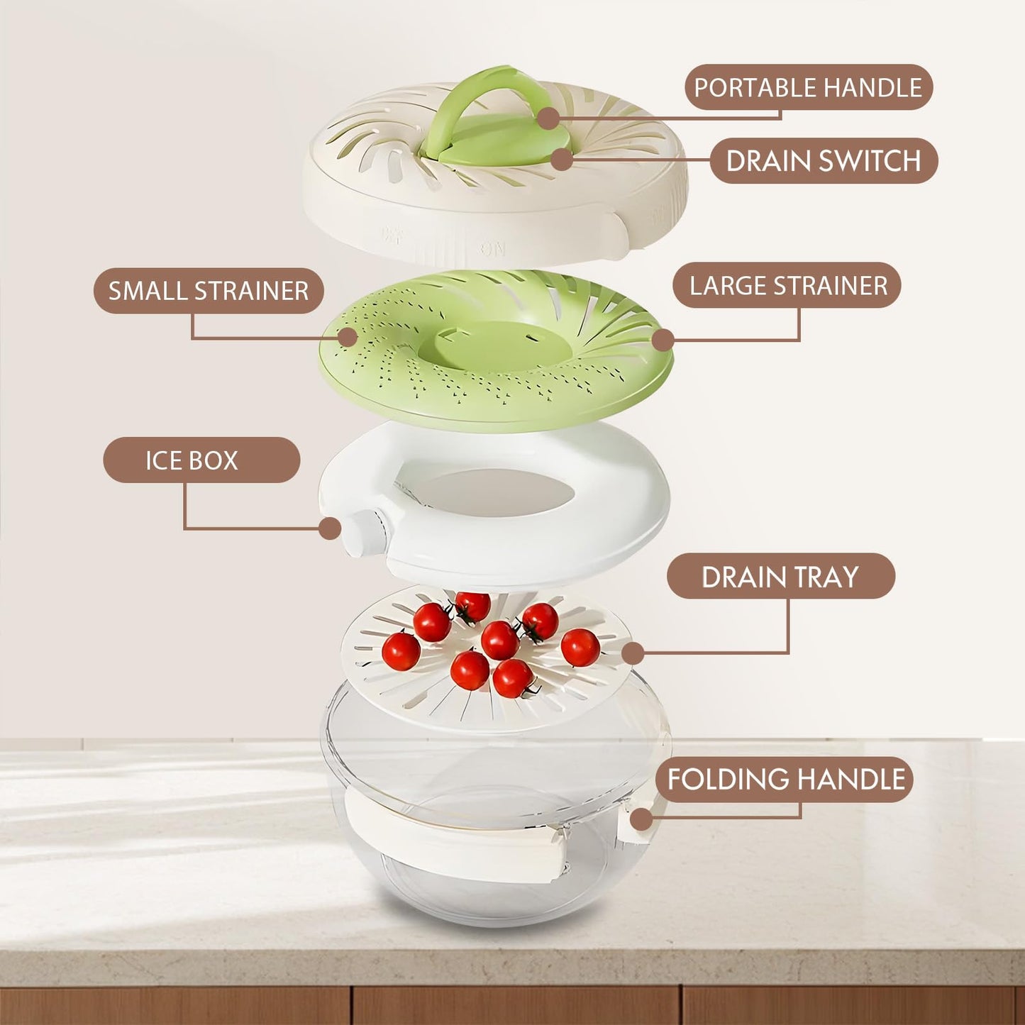 Upgraded Fruit Washing Bowl with Strainer,BPA-Free Drain Basket for Lid& Ice Compartment,Multifunctional Berry Washer,Foldable Handle Strainer and Colander for Fridge Storage or Picnic Camping(2.85QT)