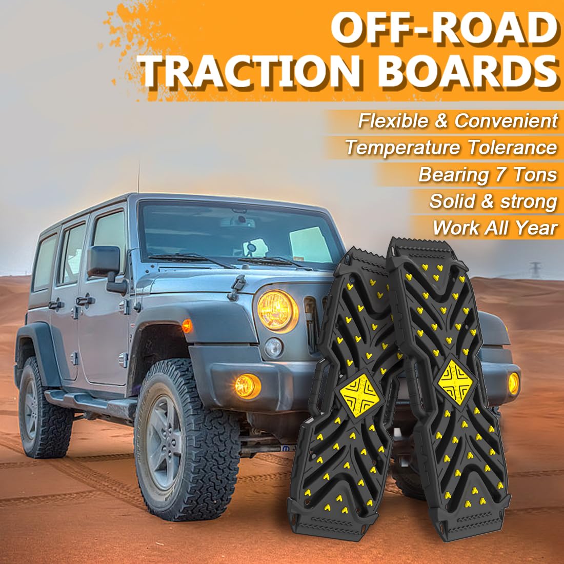 Traction Boards Recovery Boards (Pair) – 42″ × 14″ PA66 Off-Road Tracks with 34 High-Strength Contrasting-Color Spikes, Flip-Shovel & Jack-Base Design, Tow Strap – Sand, Mud, Snow 4×4 SUV ATV Truck