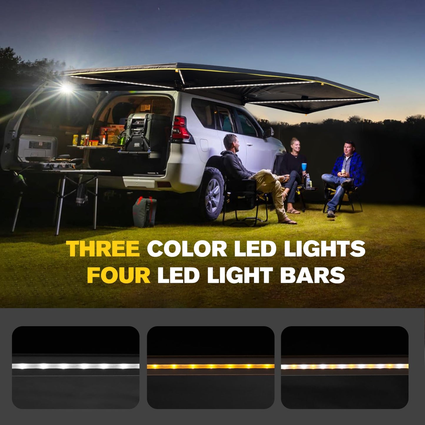 BUNKER INDUST 270 Degree Awning Free Standing, Vehicle Overland Awning Built-in LED Light - Three Colors, Car Passenger Side, Waterproof Wind Resistant for SUV Van Truck Camper